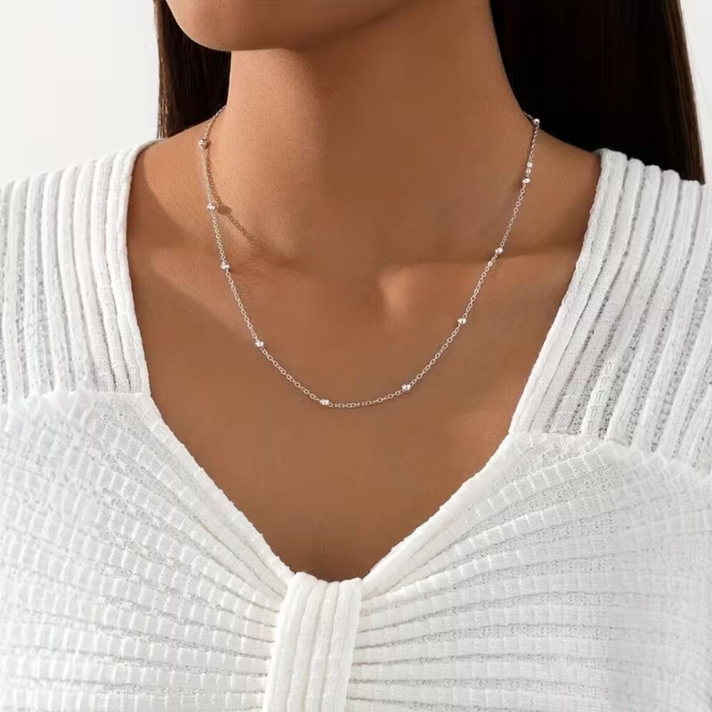 Simple Silver Round Beaded Chain Necklace Adjustable Choker Collar Layer Classic